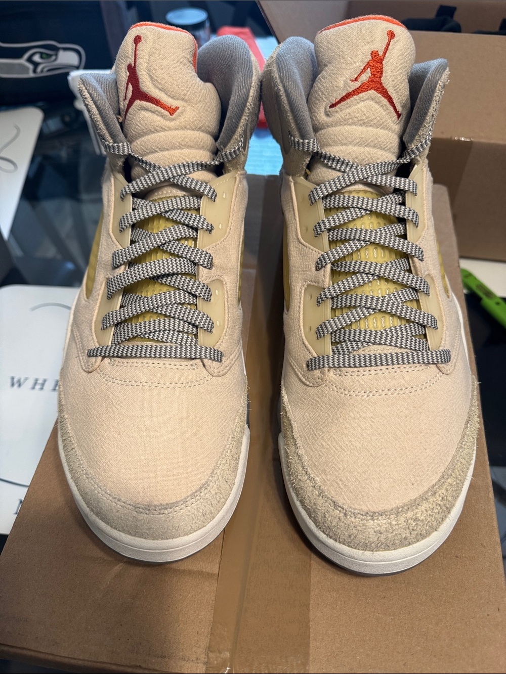 Jordan High-Top Sneakers in Beige with Red Jumpman
